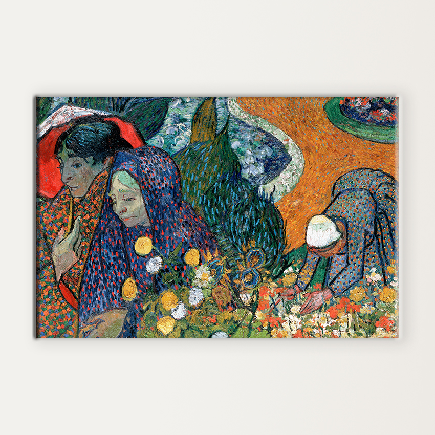 Ladies of Arles) Vibrant garden scene with a lady tending a flower border -  By Vincent van Gogh
